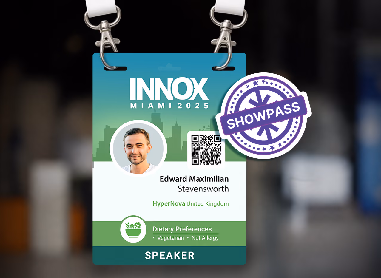 INNOX Miami 2025 speaker badge for Edward Maximilian Stevensworth with photo, QR code, and dietary notes.