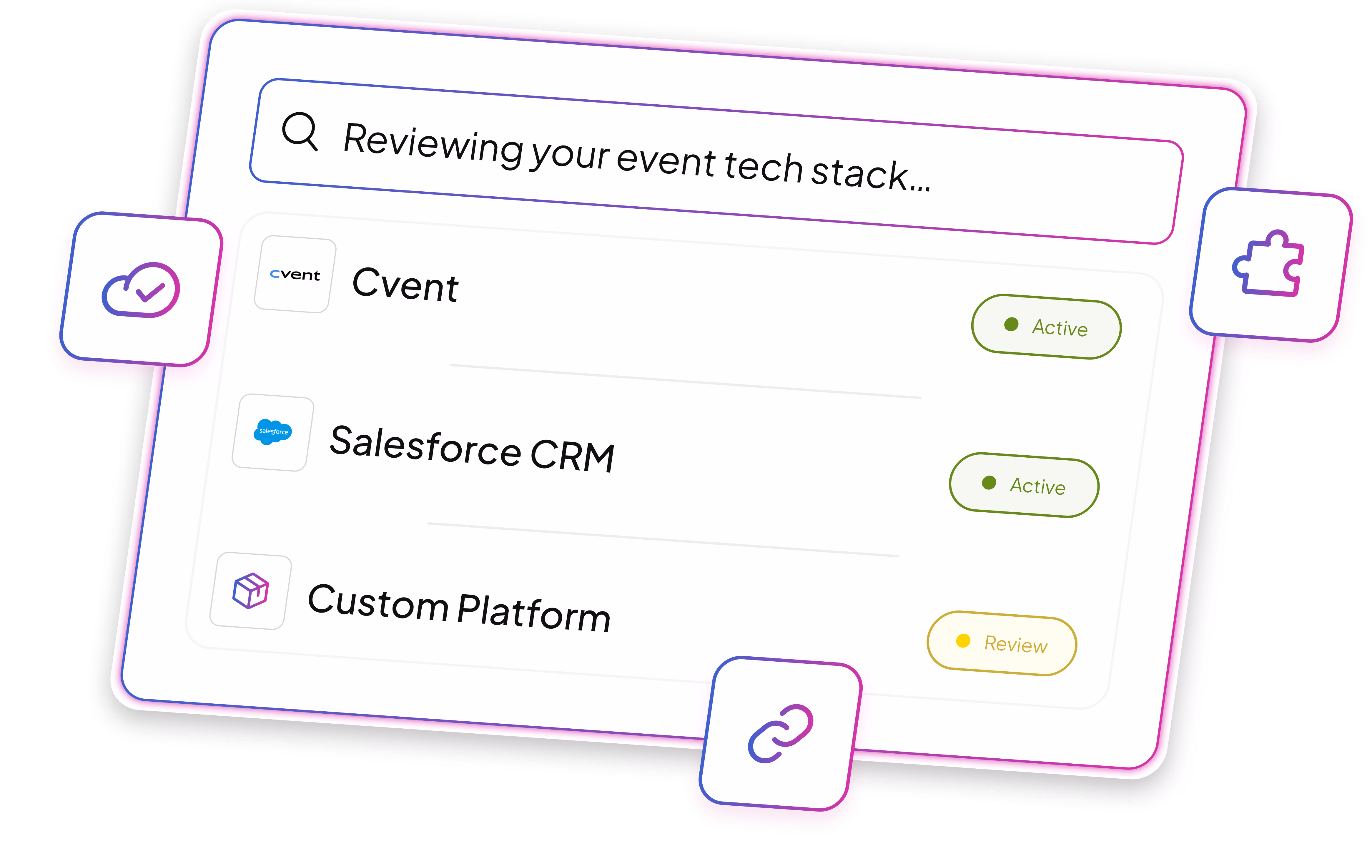Tech stack review interface showing Cvent and Salesforce CRM active, Custom Platform under review.