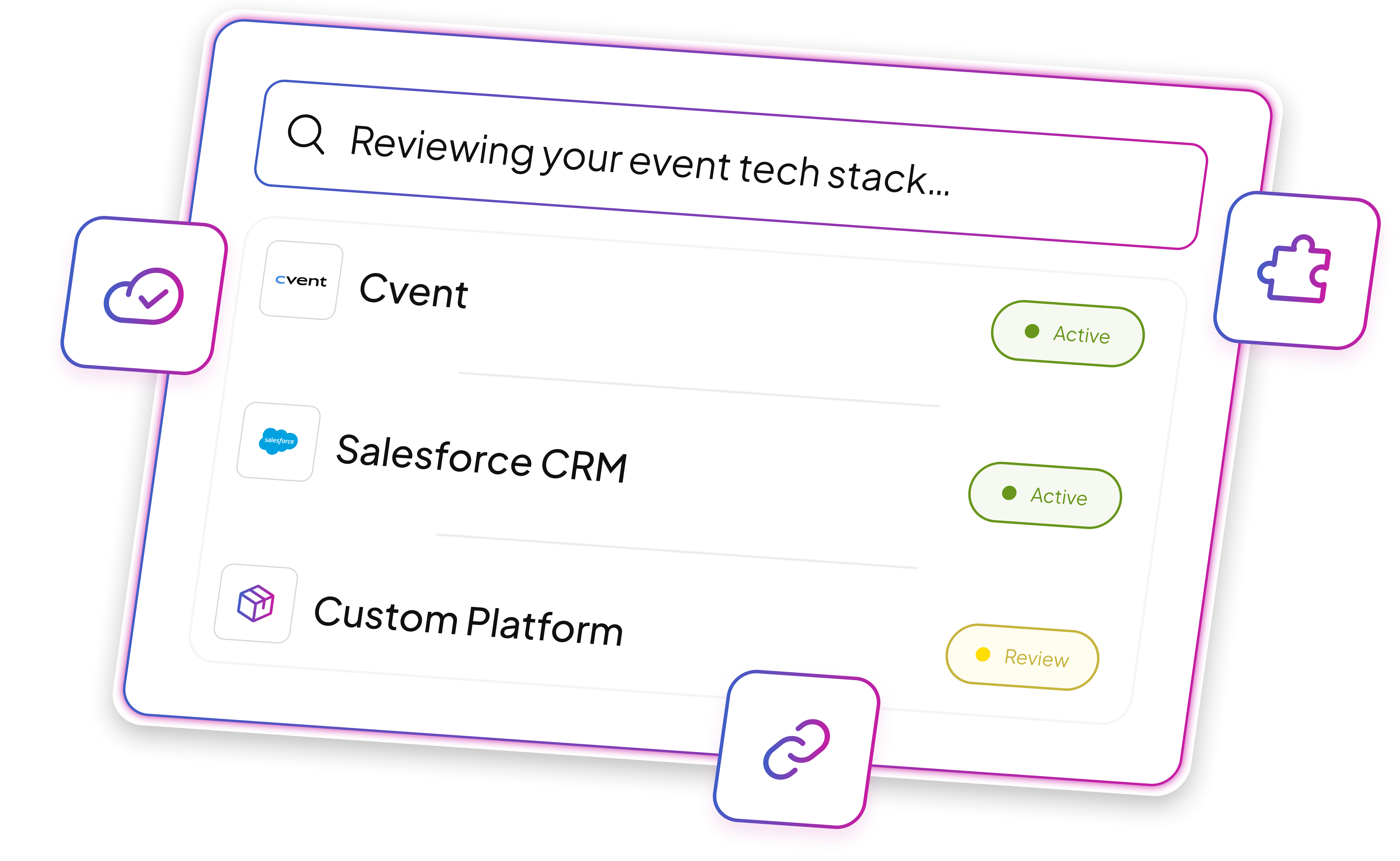Tech stack review interface showing Cvent and Salesforce CRM active, Custom Platform under review.