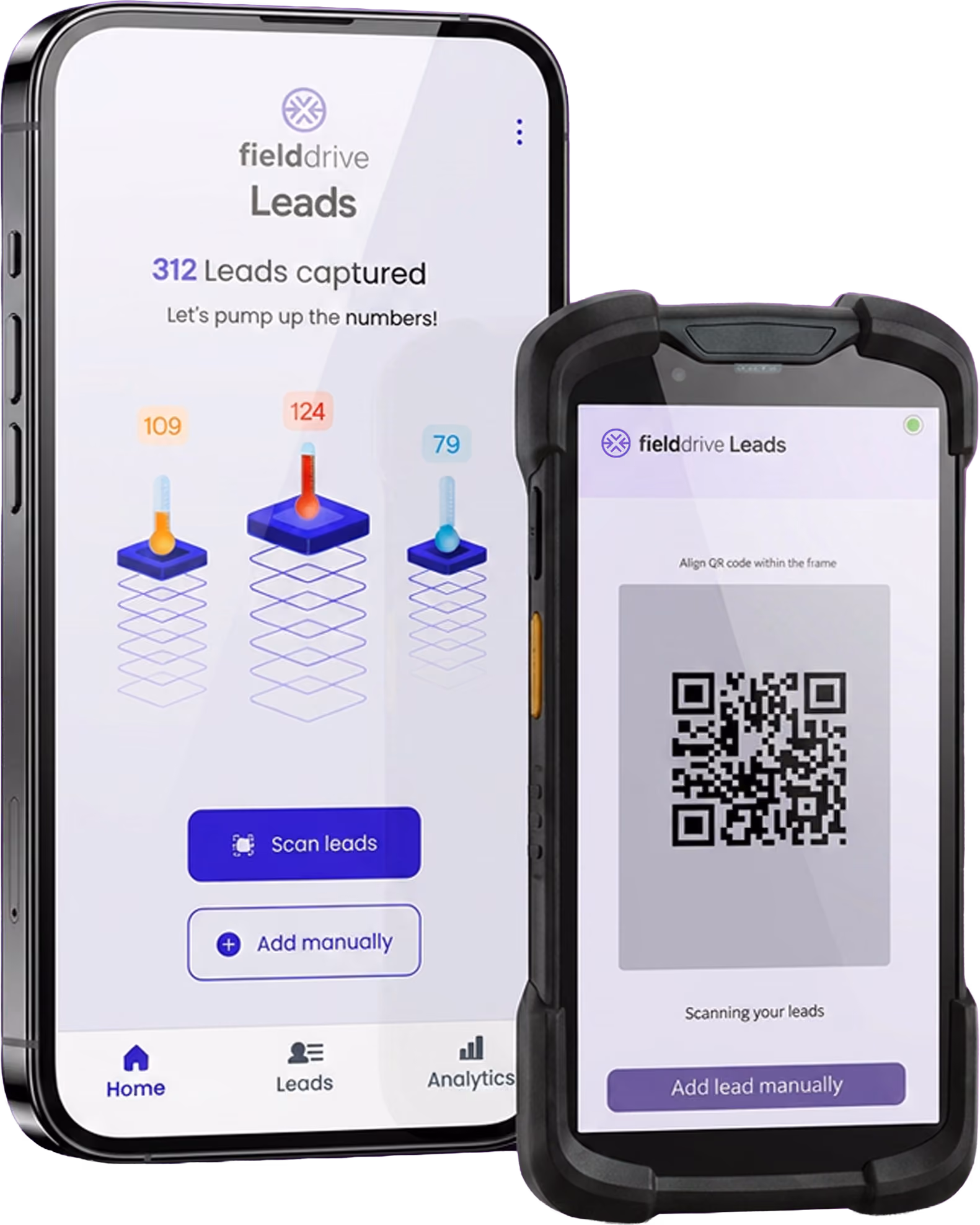Two phones showing fielddrive Leads app with lead counts and QR code scanning features.