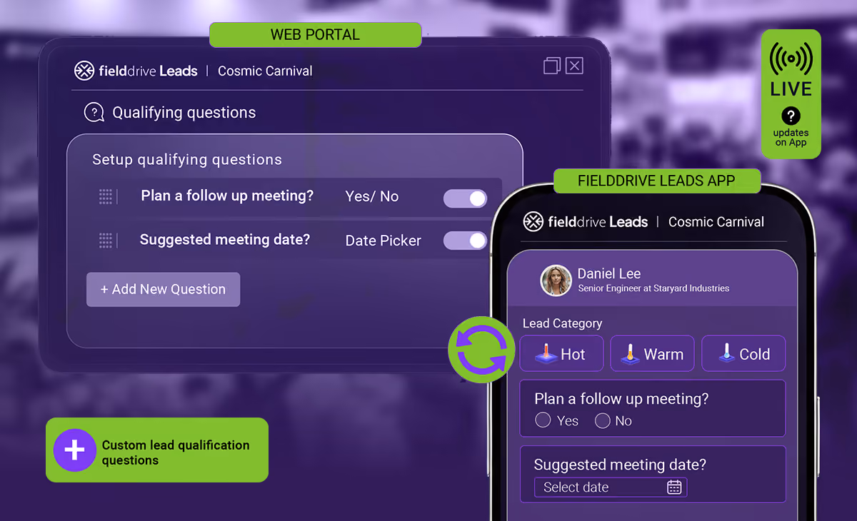 Web portal and mobile app screens showing custom lead qualification questions and lead category options.