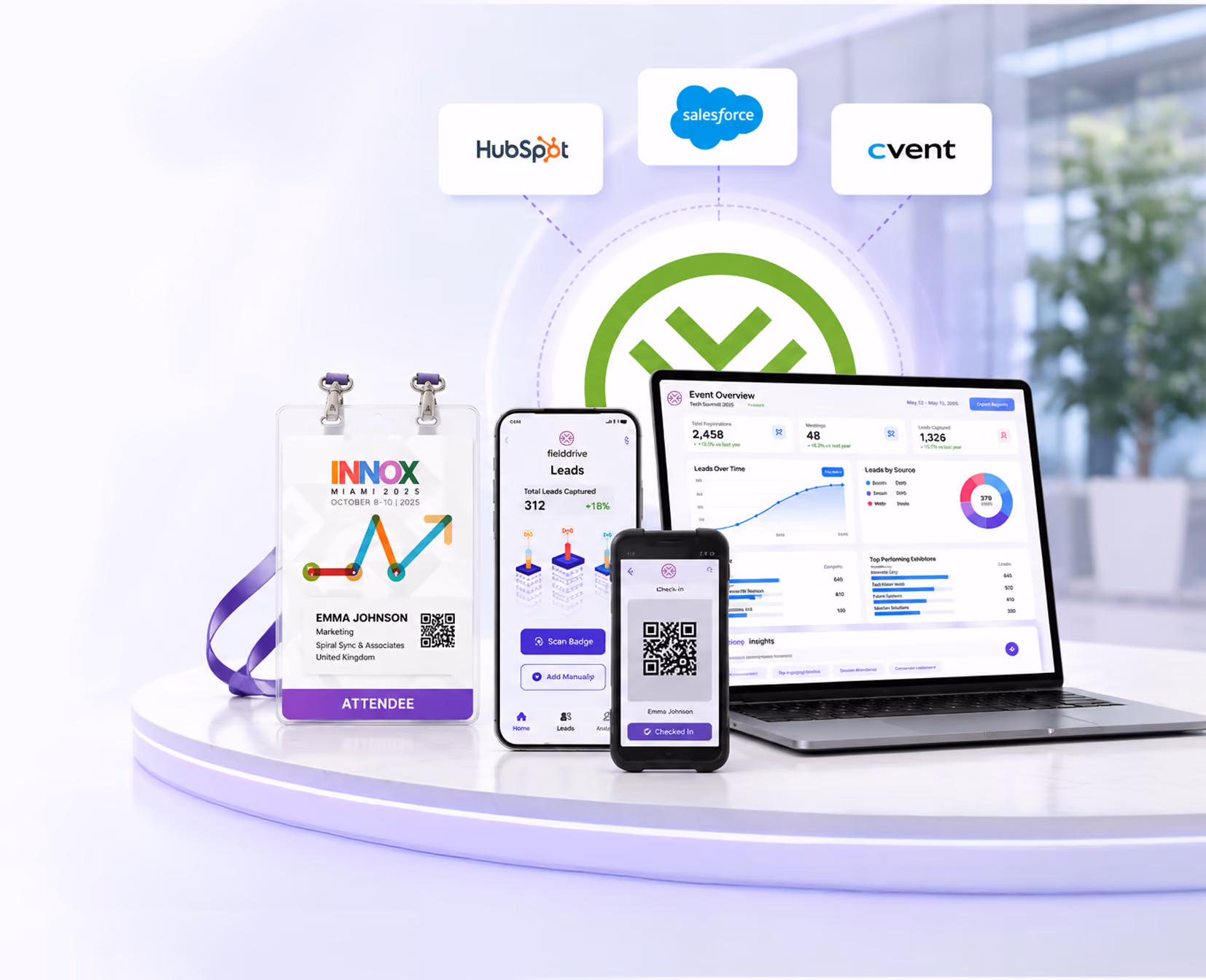 Event badge, two phones showing lead data and QR code, and laptop with event analytics dashboard.