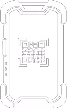White smartphone frame with a centered QR code in the screen area on a transparent background.