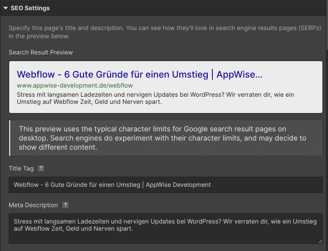 Bild der Webflow SEO Einstellungen