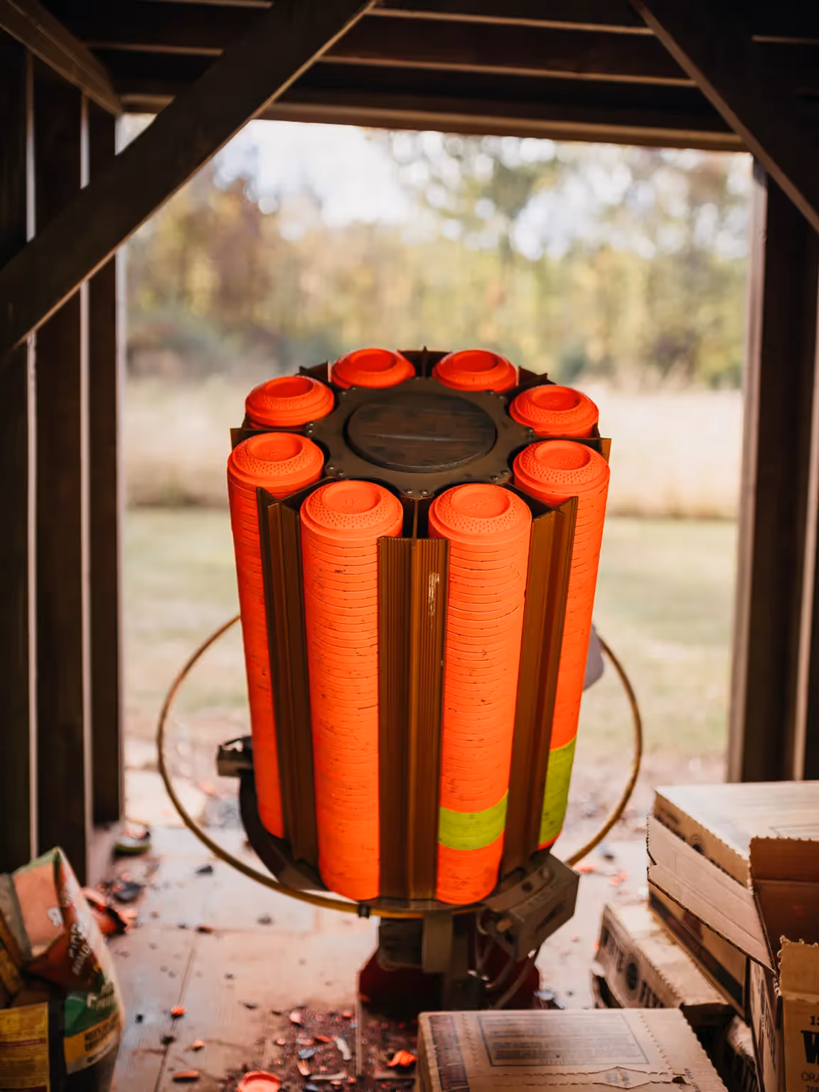 clay pigeons in a launcher