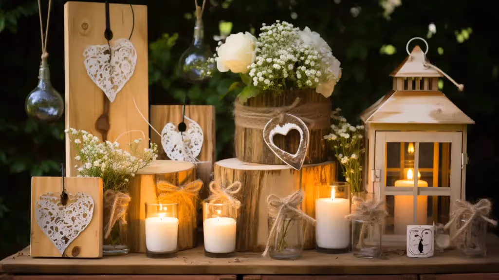 Custom hand crafted decor for a rustic theme wedding with lanterns and lace hearts.