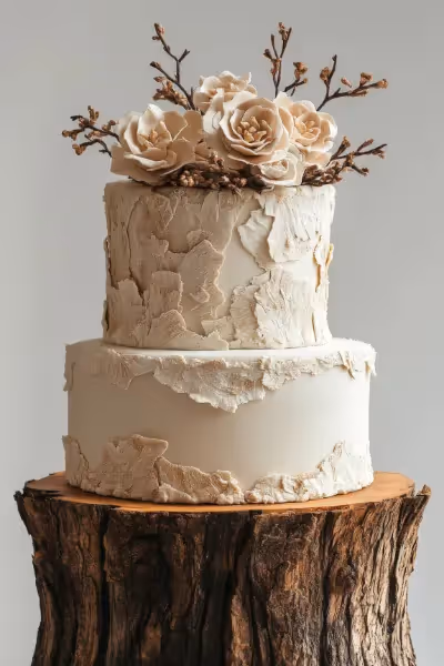 Rustic wedding cake featuring wood slice base instead of plate.