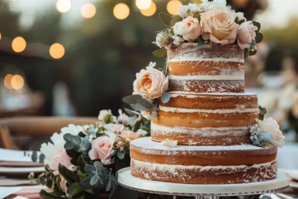 Naked wedding cake with draped florals.