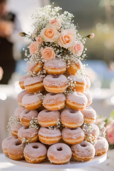 Donut tower with floral accents for wedding.
