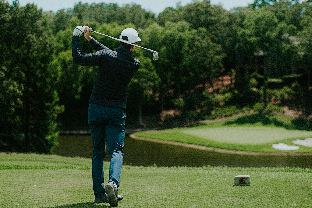 Winter golfer making a precise iron shot on the scenic 17th hole at FarmLinks Golf Club, Alabama.