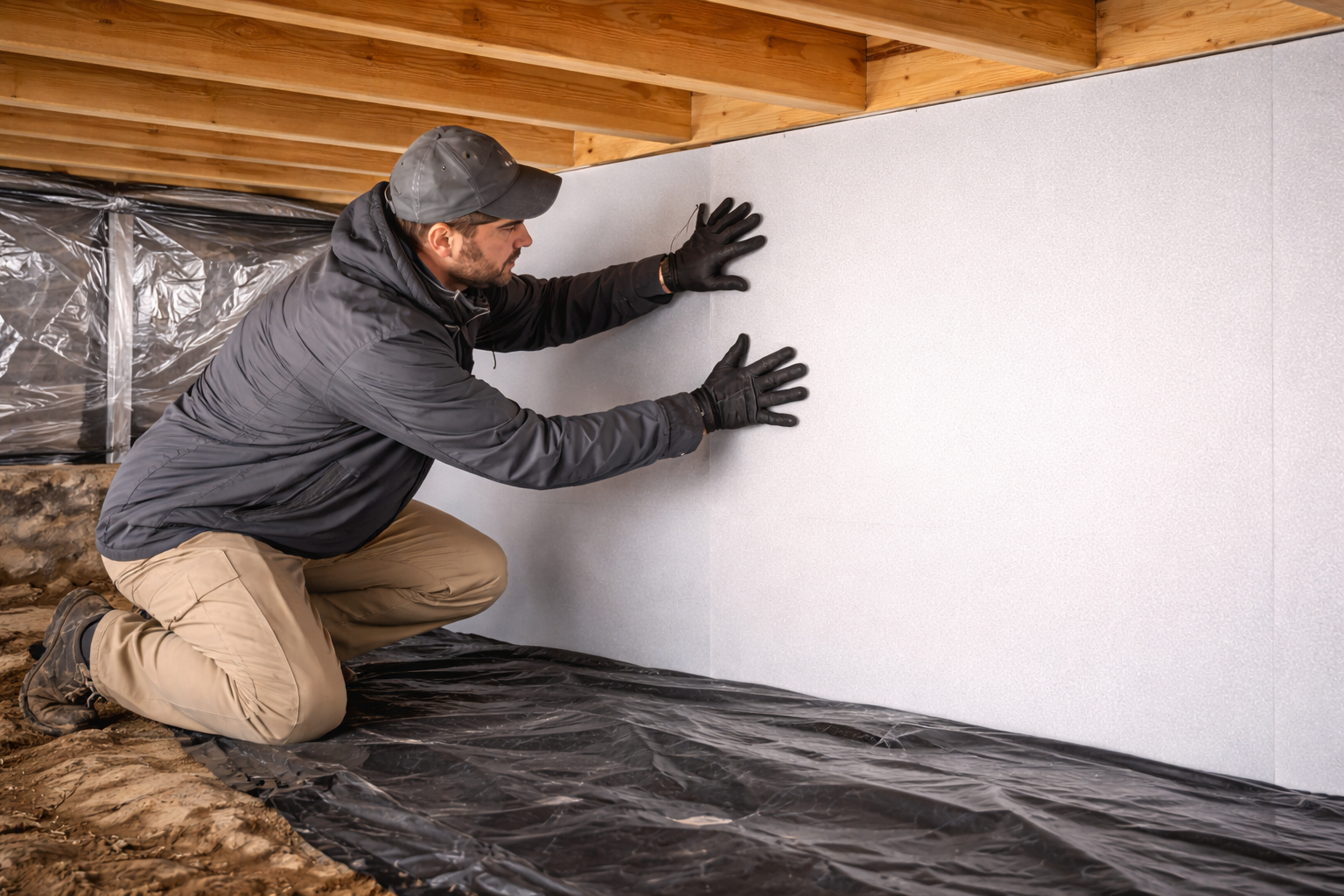 Crawl space insulation installation scene showing materials placed along framing and surfaces
