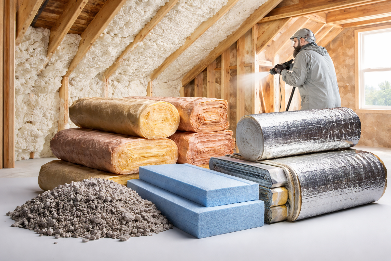 Collage showing common insulation material types used for residential and commercial projects