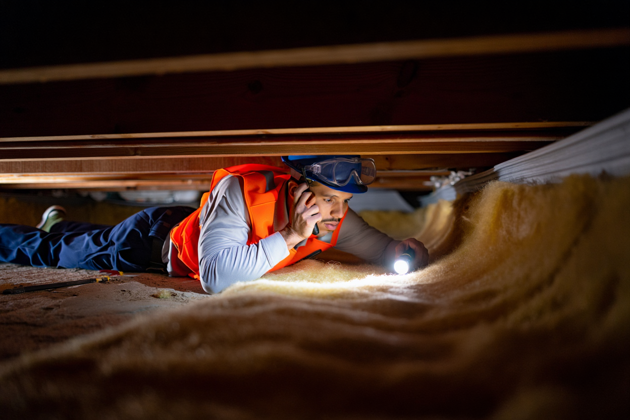 Installed crawl space insulation system beneath residential flooring