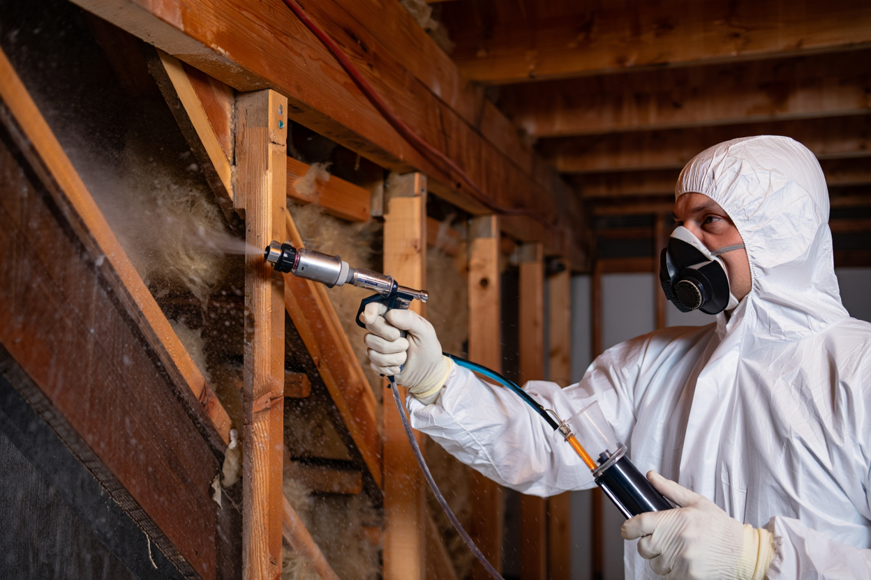 Technician performing attic sanitation cleanup work