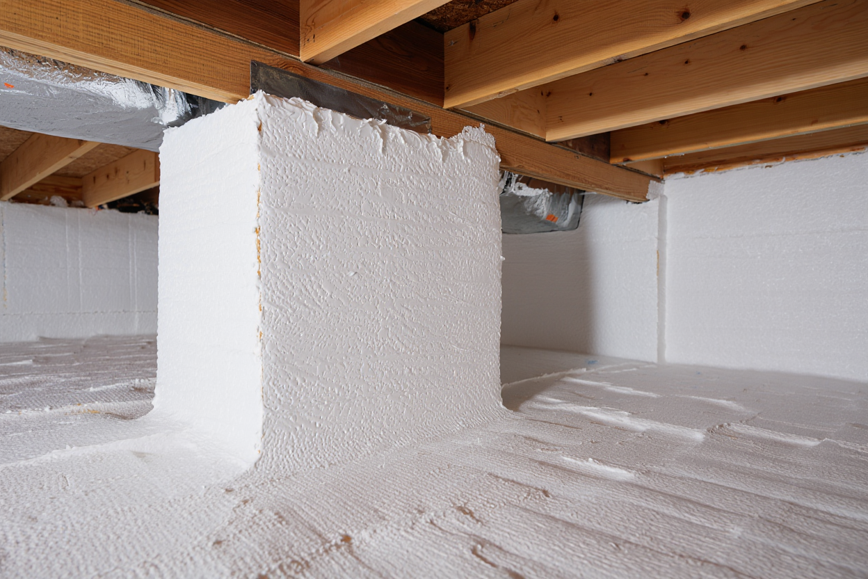 Technician installing insulation in a crawl space area