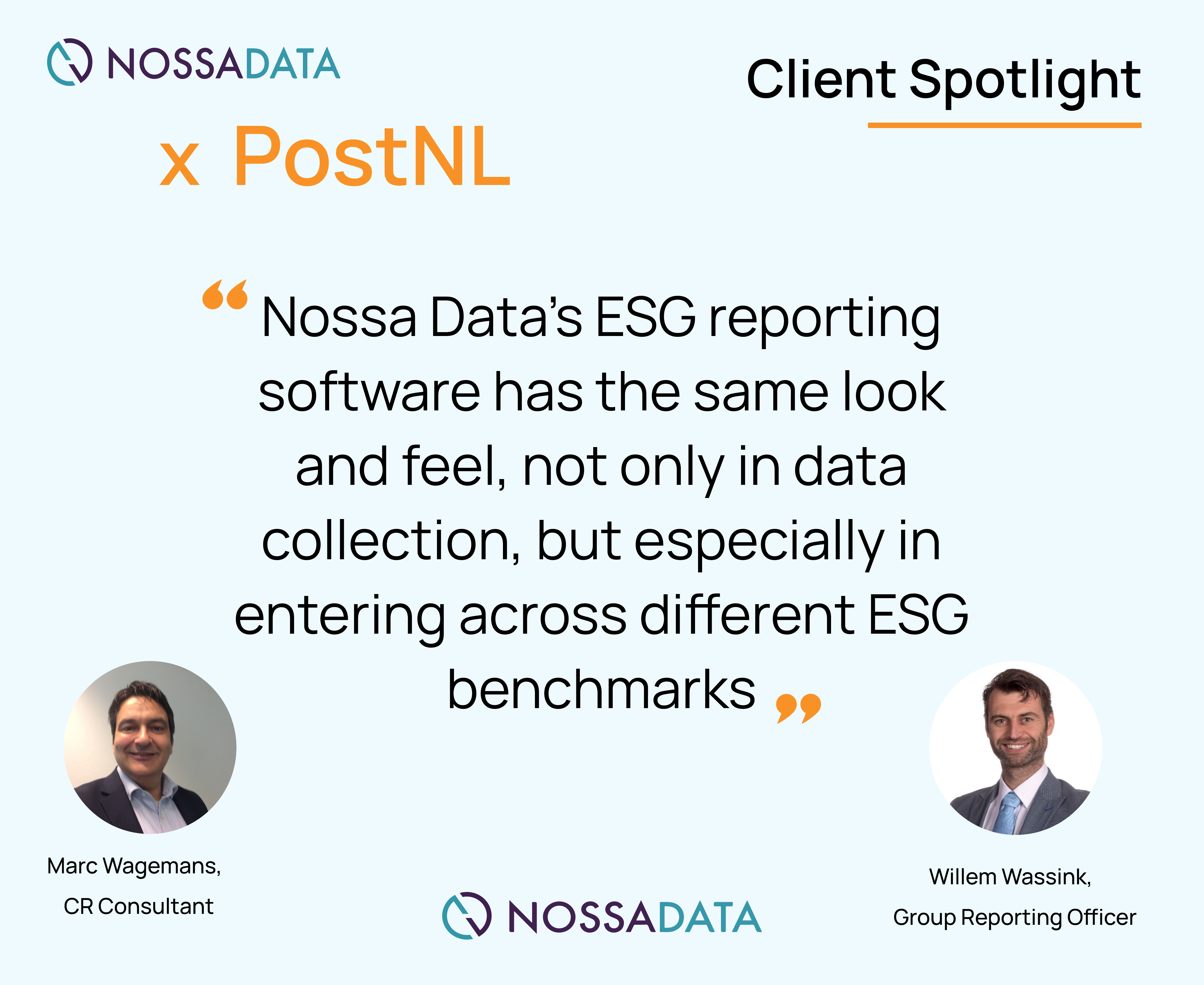 Willem Wassink group reporting officer and Marc Wagemans CR Consultant from postnl talk about CDP CSRD/ESRS reporting and using Nossa Data and their ESG expertise