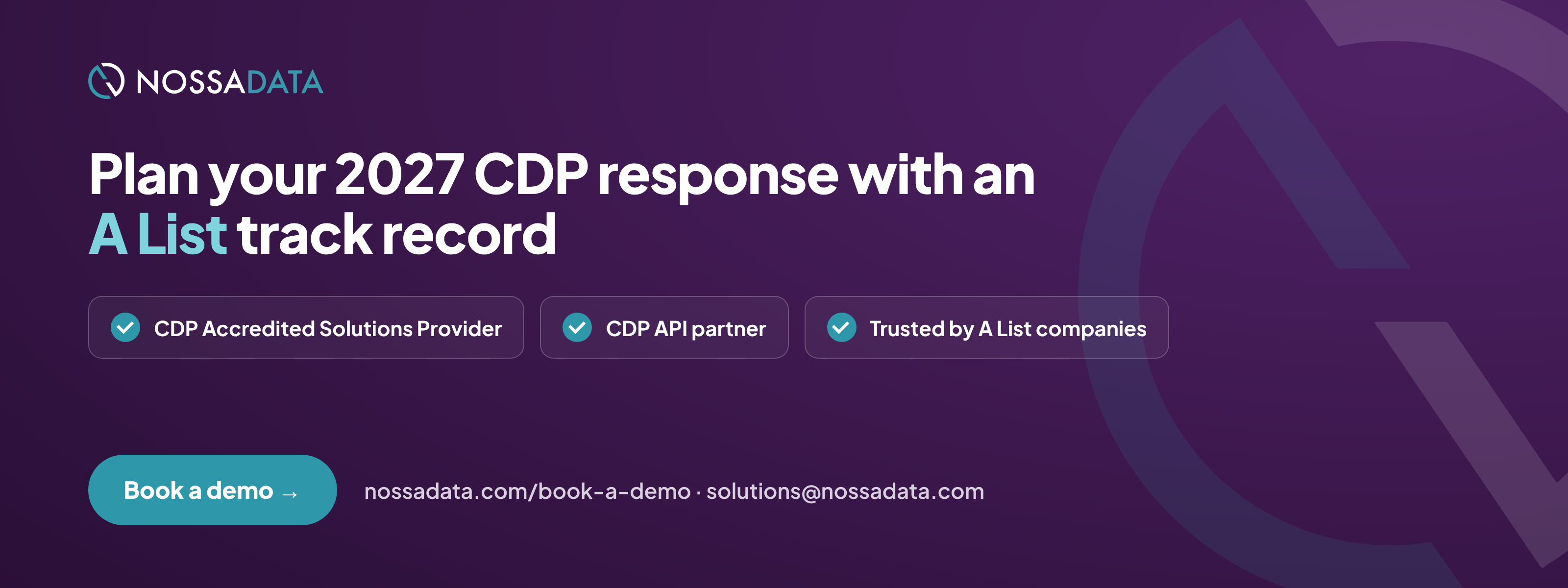 Nossa Data is a CDP Accredited Solutions Provider and CDP API partner trusted by A List companies. Book a demo.