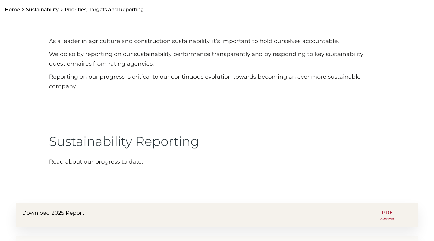 CNH Priorities, Targets and Reporting page, with the 2025 report download