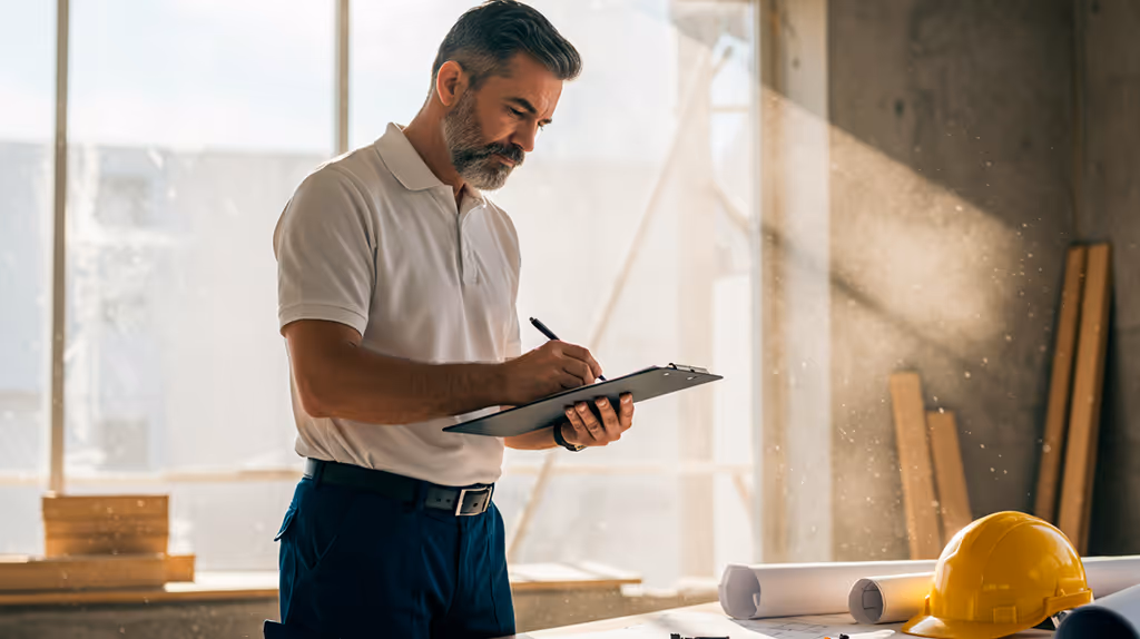 Profissional assinando ou preenchendo uma ART em escritório ou obra, registrando responsabilidade técnica.