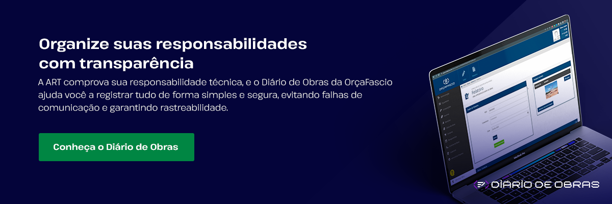 Banner do módulo Diário de Obras da OrçaFascio para registrar atividades e garantir conformidade em obras.
