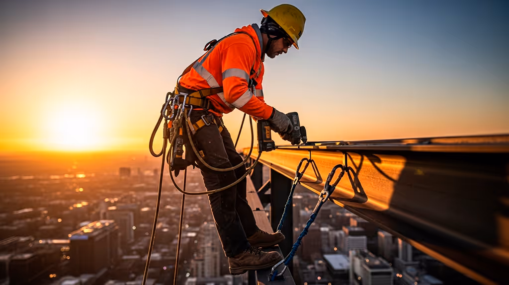 Trabalhador em altura utilizando cinto de segurança, talabarte e capacete conforme requisitos da NR 35.