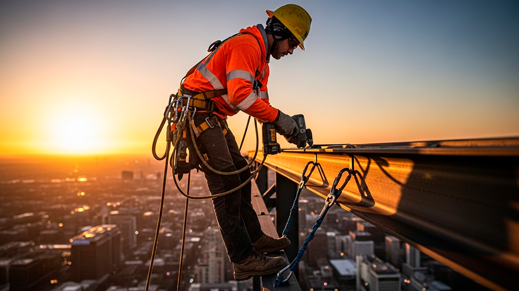 Trabalhador em altura utilizando cinto de segurança, talabarte e capacete conforme requisitos da NR 35.
