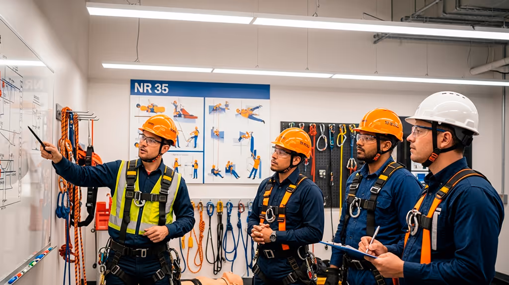 Instrutor orientando trabalhadores sobre procedimentos seguros para atividades em altura conforme NR 35.