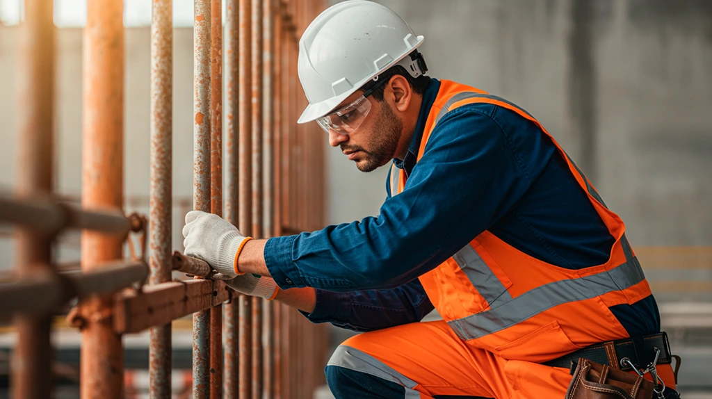 Canteiro de obras organizado com trabalhadores usando EPIs e sinalização, reforçando a aplicação da NR 18.