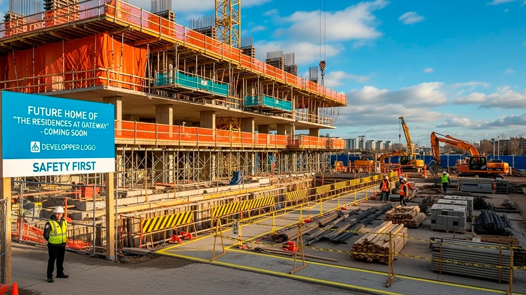 Canteiro de obras com sinalização, guarda-corpos e organização conforme NR 18