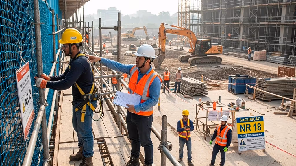 Engenheiro realizando inspeção de segurança em canteiro de obras conforme a NR 18.