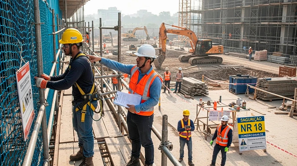 Engenheiro realizando inspeção de segurança em canteiro de obras conforme a NR 18.