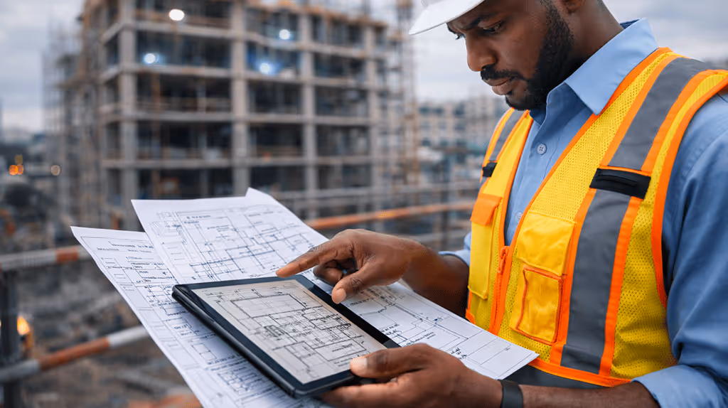 Profissional técnico (engenheiro) analisando documentos ou projeto