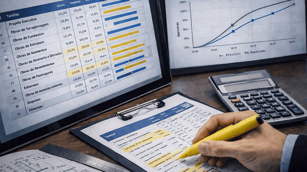 Detalhe de planilha de cronograma físico financeiro sendo revisada com gráficos e documentos técnicos.