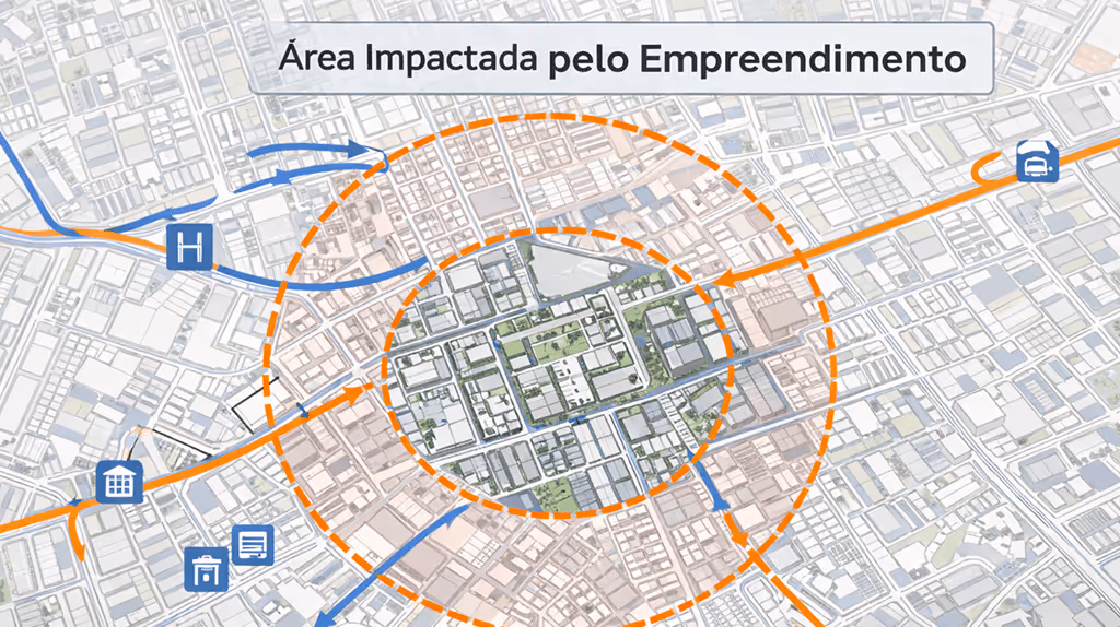 Mapa urbano ilustrando área de influência considerada em um EIV.