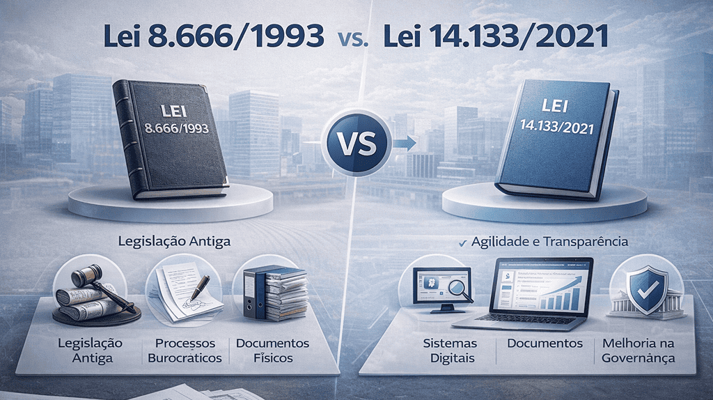 Comparação entre Lei 8.666 e Lei 14.133 nas leis de licitações.