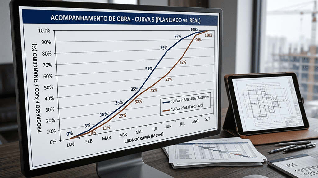Comparação entre curva S planejada e real em gestão de obras.