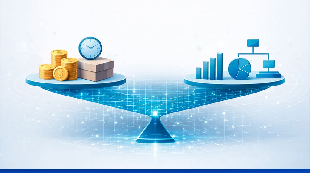representação visual de equilíbrio entre custos, dados e decisões na engenharia de custos
