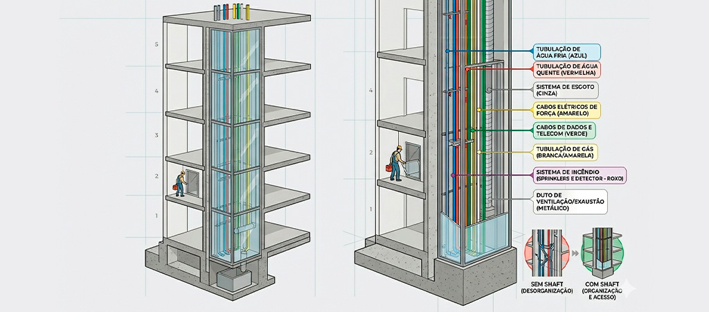 Exemplo de shaft na construção civil, ilustrando sua estrutura vertical para acomodar diferentes sistemas.