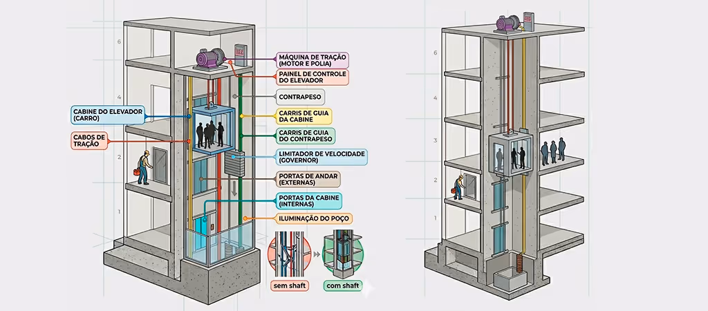 Shaft de elevador em edifício, mostrando a estrutura necessária para movimentação vertical de pessoas.