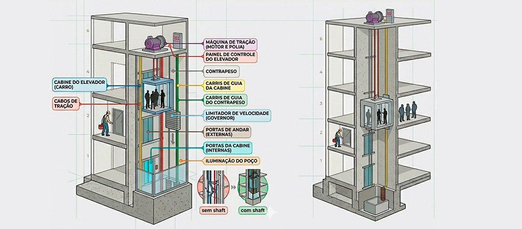 Shaft de elevador em edifício, mostrando a estrutura necessária para movimentação vertical de pessoas.