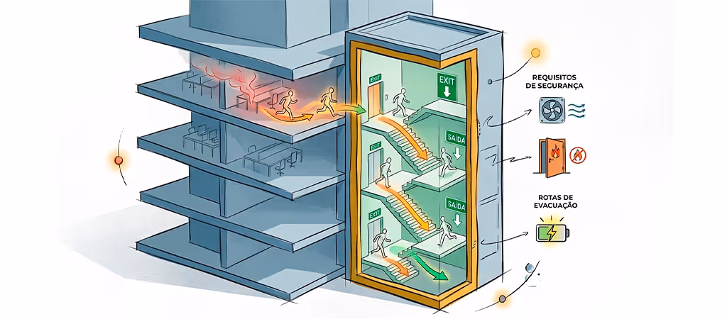 Shaft de escadas de emergência, projetado para rotas rápidas e seguras durante evacuação.