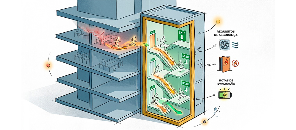 Shaft de escadas de emergência, projetado para rotas rápidas e seguras durante evacuação.