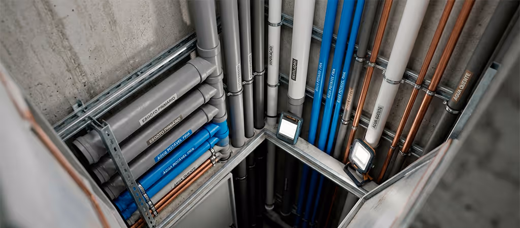 Shaft de tubulação, organizando redes hidráulicas e de esgoto de forma eficiente dentro do edifício.