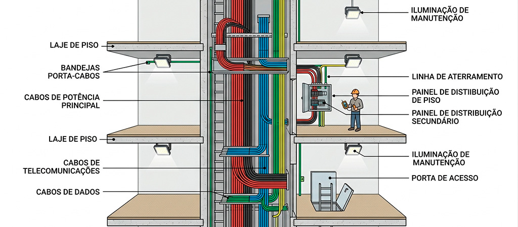 Shaft de fiação elétrica, mostrando a acomodação de cabos e sistemas elétricos no edifício.