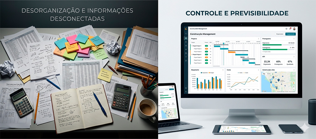 Comparação entre gestão de obras com planilhas desorganizadas e software com dados integrados 