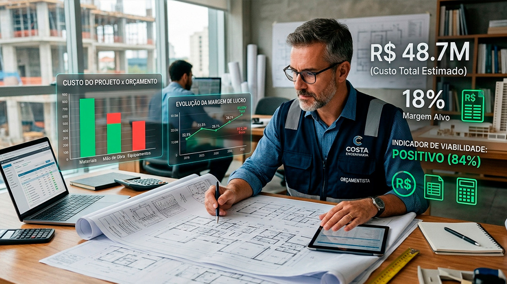 Engenheiro analisando projeto com gráficos de custo e planejamento financeiro na construção civil 