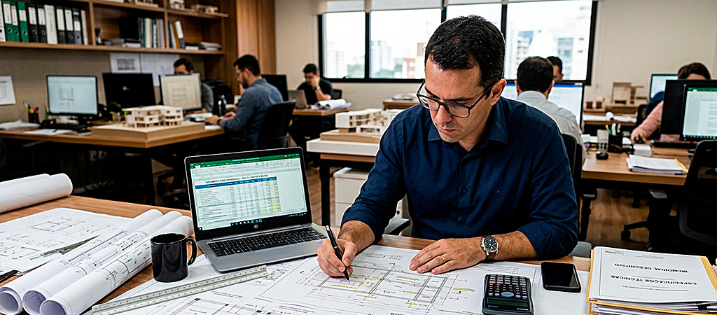 Orçamentista analisando projetos técnicos e documentos de obra para levantamento de custos 