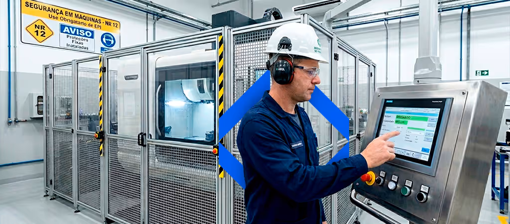 Operador diante de painel de controle industrial com proteções físicas instaladas conforme NR 12 