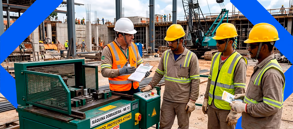 Engenheiro conduzindo treinamento NR 12 com operadores em canteiro de obras 