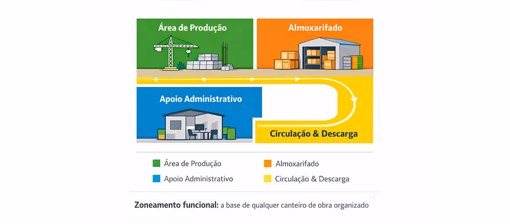 Diagrama de zoneamento funcional de canteiro de obra com áreas de produção, armazenagem, apoio e circulação identificadas